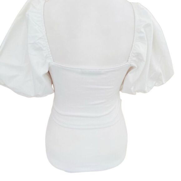 ZARA white ribbed square neck ruched side top with balloon sleeves size M. - Picture 3 of 9